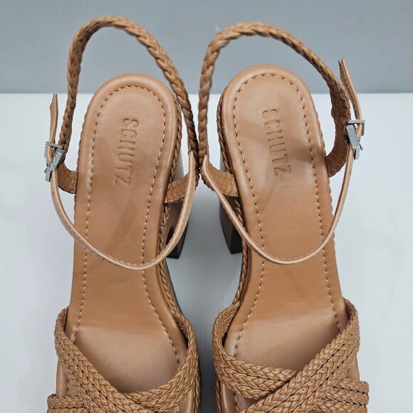 NEW Schutz Karima Platform Womens 9.5 Tan Leather Braided Chunky Block Heel 70s - Picture 8 of 14